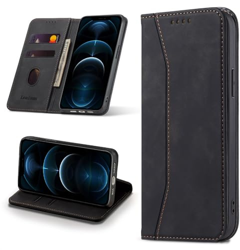 Leaisan Handyhülle für iPhone 12 Pro Max Hülle Premium Leder Flip Klappbare Stoßfeste Magnetische [Standfunktion] [Kartenfächern] Schutzhülle für iPhone 12 Pro Max Tasche - Schwarz