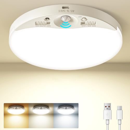 zemty 16CM Akku Lampe mit Bewegungsmelder, Aufladbare Licht mit Bewegungsmelder, Dimmbare Rund Deckenlampe, 3000K/4000K/6500K Led Batterie Bewegungsmelders Für Flure, Badezimmer, küche, Treppen