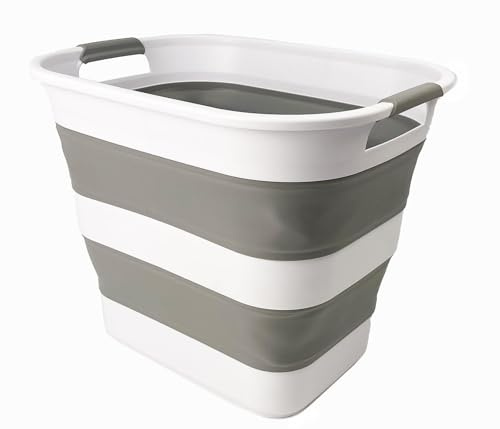 SAMMART 40L zusammenklappbarer Wäschekorb aus Kunststoff – faltbarer Pop-Up-Aufbewahrungsbehälter/Organizer – tragbarer Wäschekorb – platzsparende Waschwanne (1, Weiß/Grau)