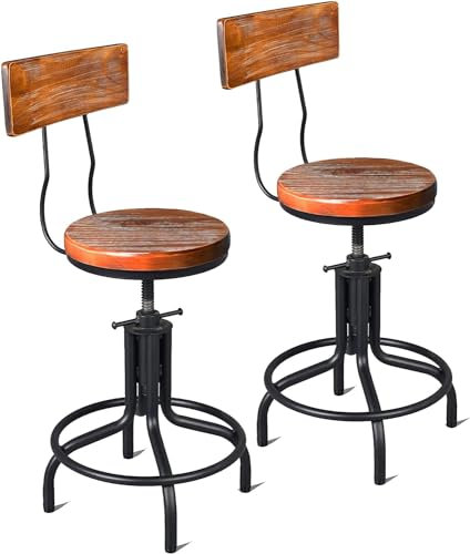 Industrial Farmhouse Barhocker, höhenverstellbar, Kücheninselstühle mit Rückenlehne, Vintage-Drehstuhl mit Holzplatte, braunes Holz, 45,7 cm, 55,9 cm, 2 Stück