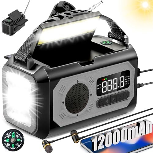 Radio de manivela de 12000 mAh con función de Carga Solar, 2 Paneles solares, manivela Am/FM de Emergencia, 3 métodos de Carga, Radio de Emergencia portátil 7 en 1, SOS, Linterna, Conector para