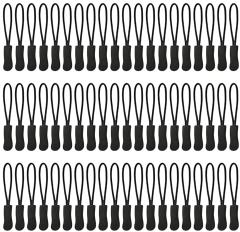 LUFFLOK 60 Pieces Zipper Pulls, Black Zip Puller Replacement, Clothes Zip Tags Cord Pulls, Non-Slip Zipper Tags for Backpacks, Tents, Trolley Cases, Jackets, Luggage (Black)