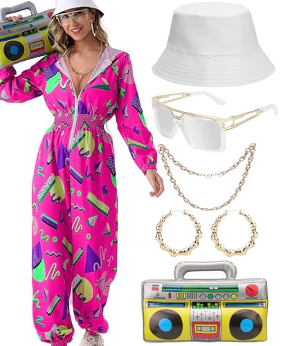 Kit Déguisement Année 80 90 Combinaison Femme avec Accessoire, Survêtement à Capuche Jogging avec Chapeau de Ghetto Gonflable, Lunettes, Collier, Boucles d'oreilles, Carnaval, Fête à Thème Tenue