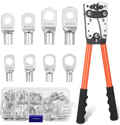 Groß Crimpzange Set Für Kabel 6/10/16/25/35/50 mm² und 10–1/0 AWG Mit 60 Kupferringklemmen, ideal für Auto Solar und Haushaltsanwendungen, Orange
