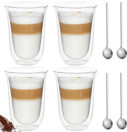 4 vasos para latte machiatto, 300 ml, de doble pared, con 4 cucharas de café de acero inoxidable, capuchino, vasos térmicos de vidrio de borosilicato, vasos de té para bebidas frías y calientes