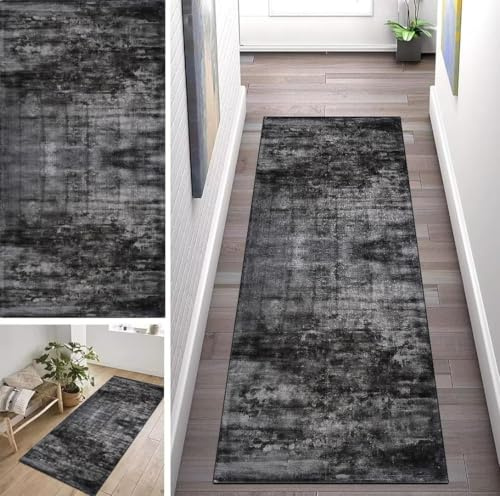 Schwarz Grau Teppich Läufer Lang Flur Küche Rutschfest Waschbar Geometrisch Teppichmattent 100X350cm Vintage Küchenläufer Küchenteppich Meterware Esszimmer Schlafzimmer Wohnzimmer Schmutzfangmatte