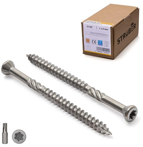 STRÜBER Terrassenschrauben 4,0 x 60 mm, 200 Stück, Edelstahl C2 | Zier-Senkkopf, Torx-Antrieb, gehärtet, Schaftfräser, Cutspitze, Dielenschrauben, BIT TX-15 inklusive