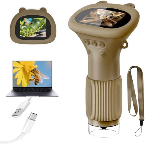 Acoath Mikroskop für Kinder, Digitales Taschenmikroskop mit 2,0 IPS-Bildschirm Lupe 200x Vergrößerung, 8 LED Lights Handy Kindermikroskop für Garten Spielzeug - Braun
