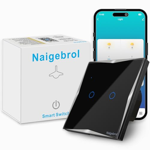 Naigbebrol Interrupteur mural intelligent WiFi avec fil neutre, panneau tactile en verre, compatible avec Alexa et Google Home télécommande via application standard UE/UK Design moderne (2 gang, noir)