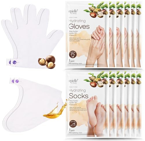 Epielle Hydrating Hand & Foot Masks, Relieve and Soften for Dry, Overworked Skin, Self Care Gifts for Women, Spa Kit, 6 Moisturizing Gloves & 6 Moisturizing Socks (Hydrating Foot & Hand Mask 12-Pack)