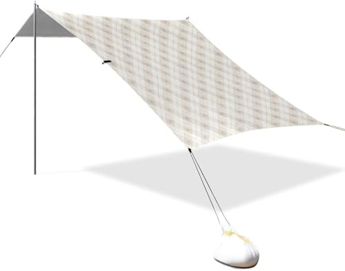 Parasol plegable para playa, color beige, blanco, UPF50, ligero, grande, con bolsillos de arena para camping, picnic, patio trasero y pesca