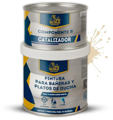BRICOSALVAJE Pintura para Bañeras y Platos de Ducha de Poliuretano | 750 ml (600+150 ml) | Acabado Satinado Cerámico | Dos Componentes | Impermeable y Resistente | Fácil Aplicación (Lino Tostado)