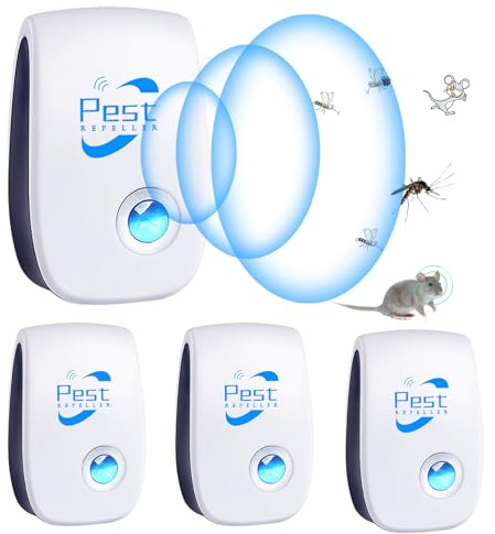 Repelente Ultrasónico de Plagas, 4 Pack Electrónico Repelente Mosquitos Control de Plagas, Repelente Ultrasónico Mosquitos para Anti Moscas, Ratones, Cucarachas, Arañas, Roedores