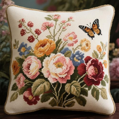 AMBATTERY Housse Coussin Point De Croix, Belles fleurs et papillons Coussin Décoratif Brodé 45X45cm Kit De Broderie Au Point De Croix Pré-Imprimé