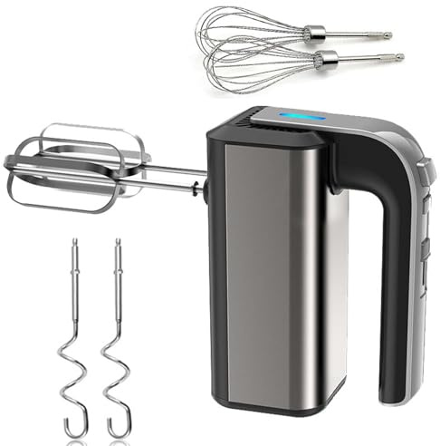 Sbattitore Manuale In Acciaio Inossidabile da 800 W, Frusta Elettrica a 5 Velocità Più Funzione Turbo, Frullatore Manuale con 2 Ganci per Impastare e 2 Fruste, Due Bacchette da 12 Fili