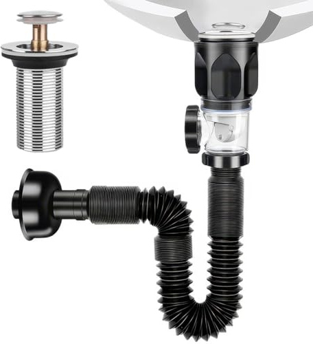 Kits di Scarico Lavandino Bagno Allungabile Nero, Acciaio Inossidabile Piletta Lavabo,Antiodore con Flessibile Tubo Filtro Pop-up Tappi di per Cucina, Estensibile 300-1000mm, Prova di Odori & Insetti