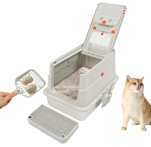 Kattlåda i rostfritt stål med lock, 31,2 l kattlåda med spade, soppedal och grippy Pads, för katter upp till 15 kg, 60 x 41 x 39 cm