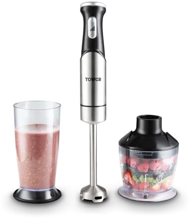 Tower 3-in-1 Hand Blender with 1200W Motor, Pressure Controlled Speed Settings, Stainless Steel Blades, Food Chopper & 800ml Beaker, Stainless Steel, T12099