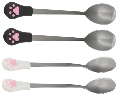 CATIEBYE 4pcs Dog Cat Spoon Stainless Steel Pet Food Scoop Can Spoon Set Black White Sturdy Pet Feeding Utensils for Wet Food Serving