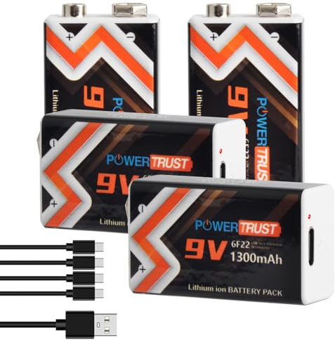 PowerTrust Paquete de 4 pilas recargables de 9 V, batería de iones de litio de 1300 mAh con puerto de carga USB-C y cable de carga 2 en 1 para detector de humo, multímetro, micrófono, juguete