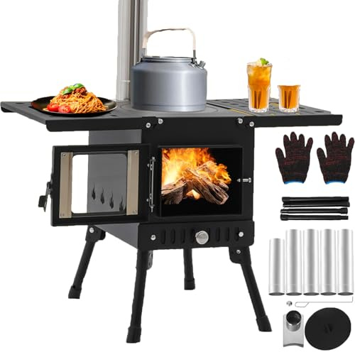 Poêle à bois de camping - Hauteur réglable de 36 à 56 cm - Tente pliable - Four à bois - Four de cuisine en plein air - Cheminée de secours - En acier au carbone - Chauffage pour tente, cuisine en