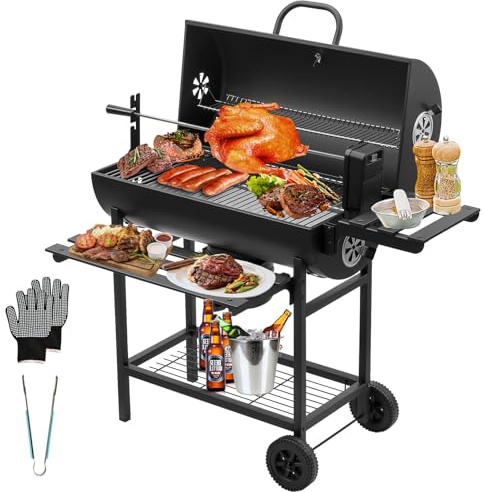 DEWINNER Parrilla de carbón para barbacoa, asador de pollo, ahumador al aire libre con indicador de temperatura, rejillas de ventilación, estantes plegables, estante de calentamiento, ruedas móviles