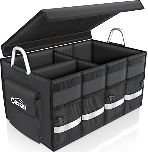 Oasser Car Boot Organiser 65L with Sturdy Hard Cover, 3 Compartments, Black | Aluminium Alloy Handle, 50kg Load, 1680D Splash-Resistant Material, Reflective Strip, Anti-slip bottom, for Daily Shop Trip