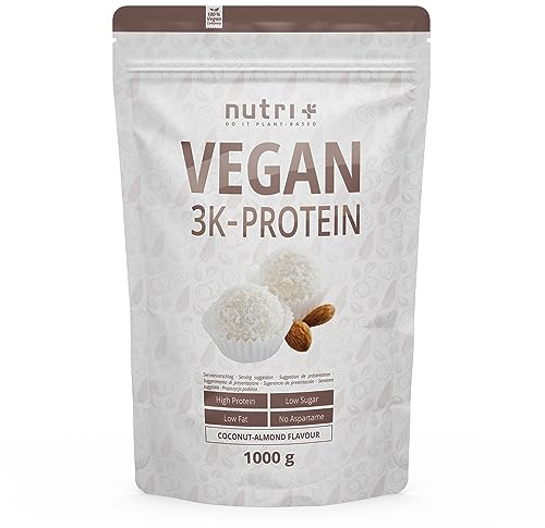 Nutri + Protein Vegan Kokos Mandel 1000g - 81% Eiweiß - 3k blend Pulver - Veganes Eiweißpulver - Kokosnuss Proteinpulver - Coconut Almond Flavor