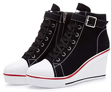 High-Top-Keilschuhe für Damen, EU-Größe 35-43, Leinen, Casual-Stil, für Frühling / Sommer, Keilabsatz, Schwarz - 09 Schwarz - Größe: 39 EU