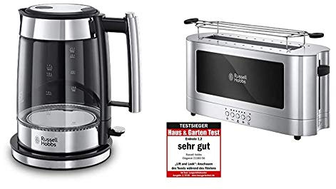 Russell Hobbs Wasserkocher, Glas Elegance, 200W & Toaster Langschlitz Elegance Glas/Edelstahl, inkl. Brötchenaufsatz, 6 elektronisch einstellbare Bräunungsstufen + Auftau- & Aufwärmfunktion, 1420W