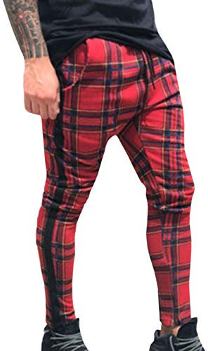 SOMTHRON Pantalon de loisirs pour homme Coupe slim à carreaux avec cordon de serrage - Rouge - Medium