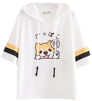 Sweat à capuche Kawaii à manches courtes pour femme - Motif chiot - Blanc - Taille Unique