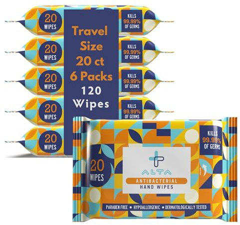 ALTA + Alcohol Free Hand Sanitizing Wipes, Travel Size, 20 Wipes, 6 Packs, Total 120 Pieces