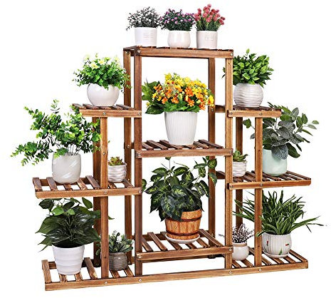 Medla Pflanzenregal Holz, Blumenständer mit 9 Ablagen, Blumenregal mehrstöckig, für Indoor Balkon Wohzimmer Outdoor Dekor, 115x25x96.5cm