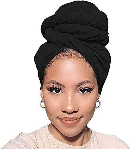 XTREND Stretch Jersey Turban Head Wrap Scarf Headwraps for Women African Head Wraps Long Hair Scarf Ultra Soft Breathable Solid Color Turban Tie Large Headband (Black)