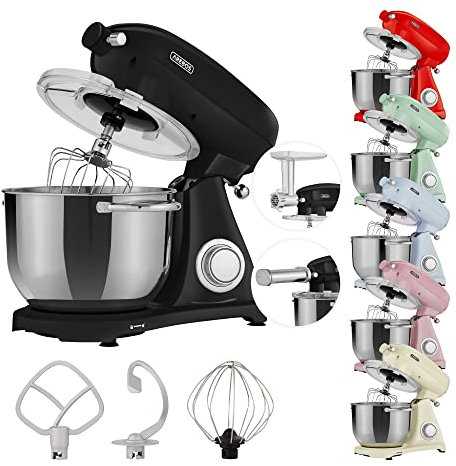 Arebos Retro Küchenmaschine 1800W Schwarz | Knetmaschine mit 6L Edelstahl-Rührschüssel | Geräuscharm | Küchenmixer mit Rührhaken, Knethaken, Schlagbesen und Spritzschutz | 6 Geschwindigkeiten