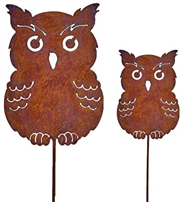 Bornhöft Gartenstecker Eule Kautz Metall Rost Gartendeko Edelrost rostige Deko für den Garten (Set 110cm + 60cm)