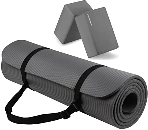 Fitvids Tappetino da yoga multiuso, extra spesso, ad alta densità, antistrappo, con cinghia per il trasporto e blocchi per yoga, grigio