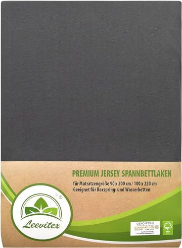 Premium Spannbettlaken, extra schwer und dick, 97% Mako-Jersey-Baumwolle und 3% Elasthan, auch Boxspringbett geeignet, 90 x 200-100 x 220 cm, Anthrazit/Grau