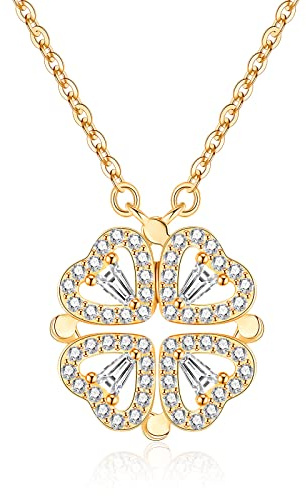 Jrêveinfini Trefle à 4 Feuille Coeur Collier Argent 925 Or, Personnalisé Porte Bonheur Trefle Collier Pendentif Maman Fille, Bijoux Cadeau Fête des Mères Anniversaire Maman