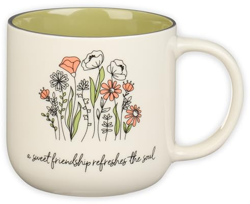 Christian Art Gifts Large Ceramic Coffee & Tea Mug for Women & Friends: Sweet Friendship - Proverbs 27:9 Scripture, Cute Microwave/Dishwasher Safe Floral Cup, Sage Green/White, 15 oz.