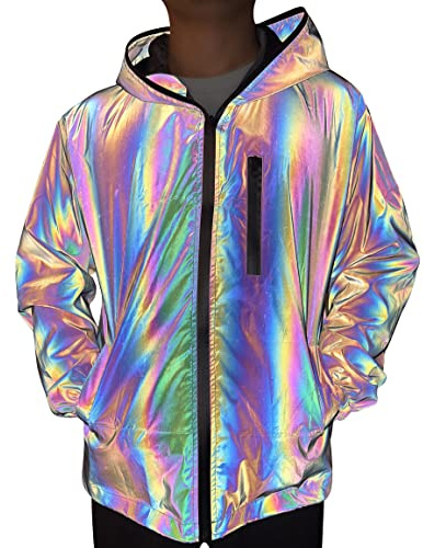 LZLRUN Rainbow Reflective Coat Hooded Windbreaker Fashion Holographic Runing Pocket Jacket High Visibility (XXL)