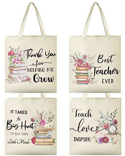 Cunno 4 Stück Lehrer-Tragetasche für Lehrer, Wertschätzungsgeschenk, wiederverwendbar, Leinen, Lehrer-Tasche mit Tasche für Frauen, Schulanfang, Ende des Semesters, 38.1x40.6 cm, Siehe Abbildung.