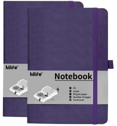 Mlife A5 Anteckningsbok, 2-Pack, 192 Sidor, 80 G/M² Tjockt Bläckresistent Papper, Anteckningsbok Med Hårt Polyuretanomslag, Innerficka, Elastiskt Band, Bullet Journal & Dagbok(Lila)