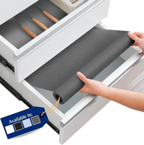 Schubladenmatte von Linda's Essentials (44.5 x 500 cm) - Antirutschmatte Schubladen Schrankfolie Schrankpapier abwaschbar, Kühlschrank Folie die Schubladen und Regale sauber hält - Zuschneidbar (grau)