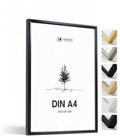 Heimlich® - Bilderrahmen - A4 21x30 cm, Aluminium Metall, Schwarz - Urkunden-, Diplomrahmen mit Kunststofffolienabdeckung - Wandmontage oder Tischaufsteller