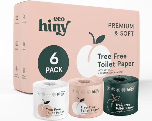 ecoHiny Premium & Soft Bamboo Toilet Paper | PFAS Free | 6 Mega Rolls, 3 ply & 350 Sheets | Non Toxic, FSC Certified, Septic Safe, BPA Free | Tree Free Toilet Tissue | Plastic Free Packaging