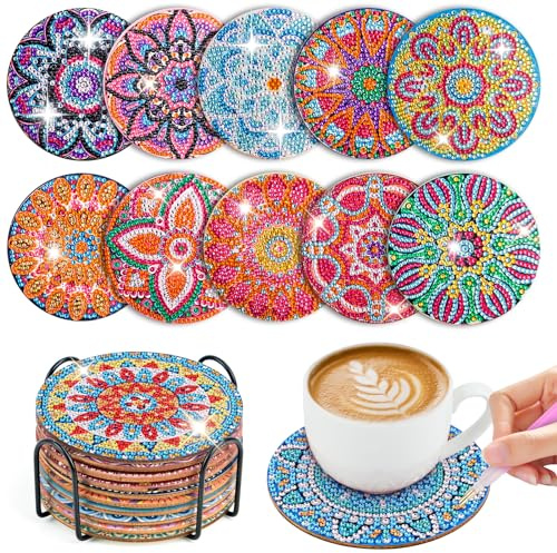 10 sottobicchieri con supporto per diamond painting per adulti fai da te, 5D Diamond Painting per bambini, antiscivolo, per principianti, adulti e bambini