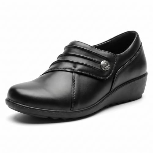 Cushion Walk Women's EEE Extra-Wide Fit Black Shoes, Ladies Lightweight, Faux Leather, Slip-On, Low Wedge Flats, Casual Work Office Comfort Shoe (Size 7 UK, Black)