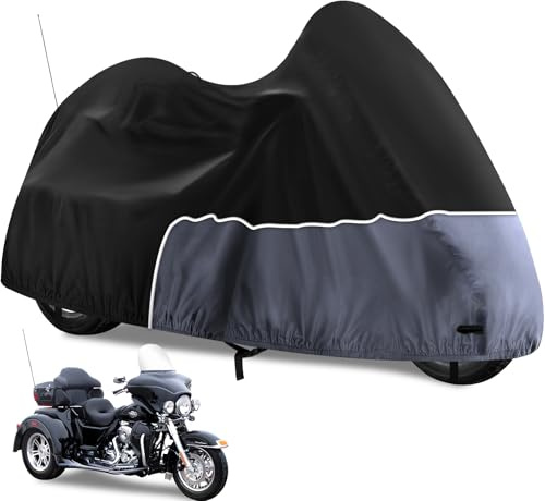 Trike Cover, Waterproof Internal Composite Cotton 3 Wheel Motorcycle Cover for Harley Davidson, Honda Goldwing, Kawasaki Trike Accessories, with Windproof Buckle, Reflective Strap, Black&Grey